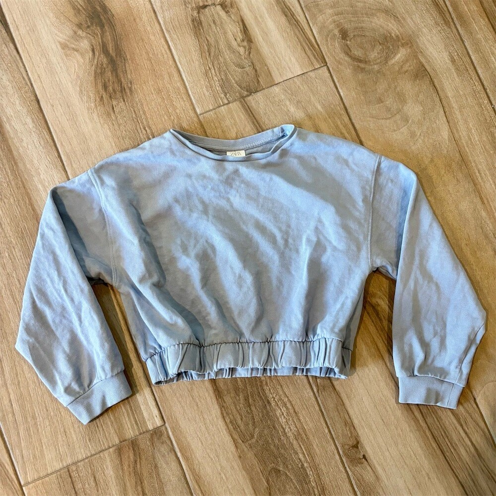 Zara Girls Sweatshirt Size 11-12 Light Blue Cropped Crewneck Elastic Hem